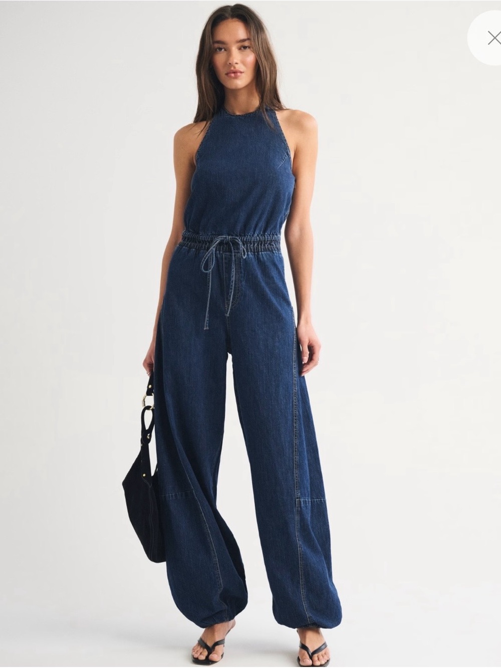 Abercrombie High-Neck Linen-Blend Denim Balloon Leg Jumpsuit - XS Dark Wash